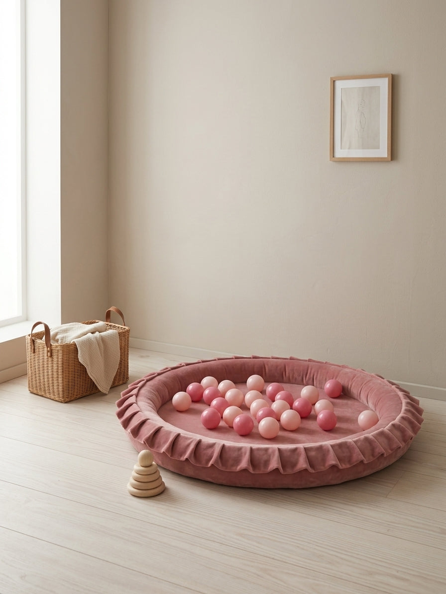 Monio for Kids Dirty Pink Velvet Padded Nest Playmat, lifestyle image