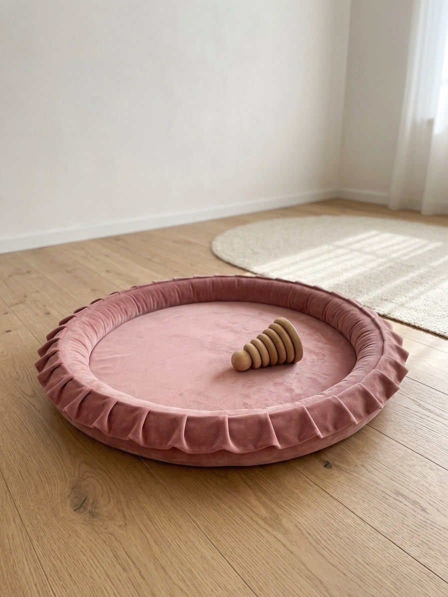 Monio for Kids Dirty Pink Velvet Padded Nest Playmat, lifestyle image