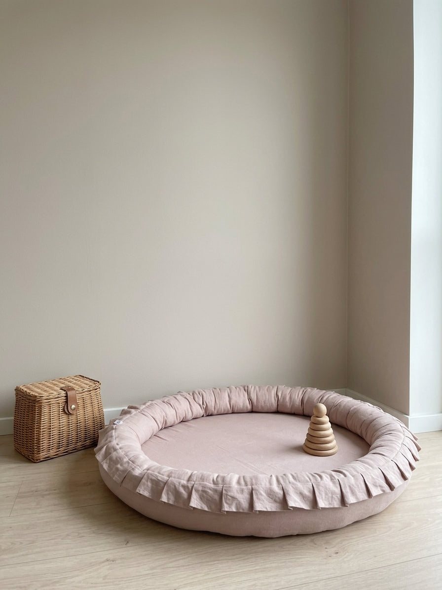 Monio for Kids Dusty Pink Linen Padded Nest Playmat, lifestyle image