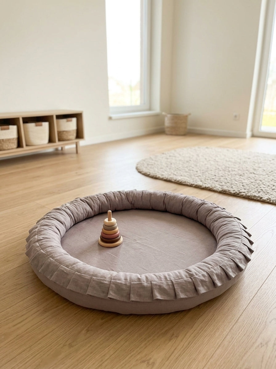 Monio for Kids Dusty Pink Linen Padded Nest Playmat, lifestyle image