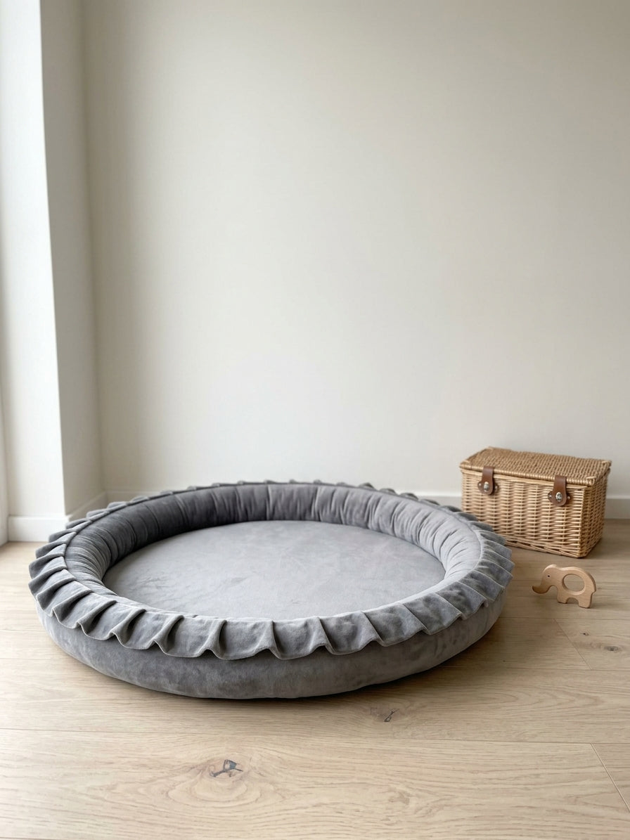 Monio for Kids Grey Velvet Padded Nest Playmat, lifestyle image