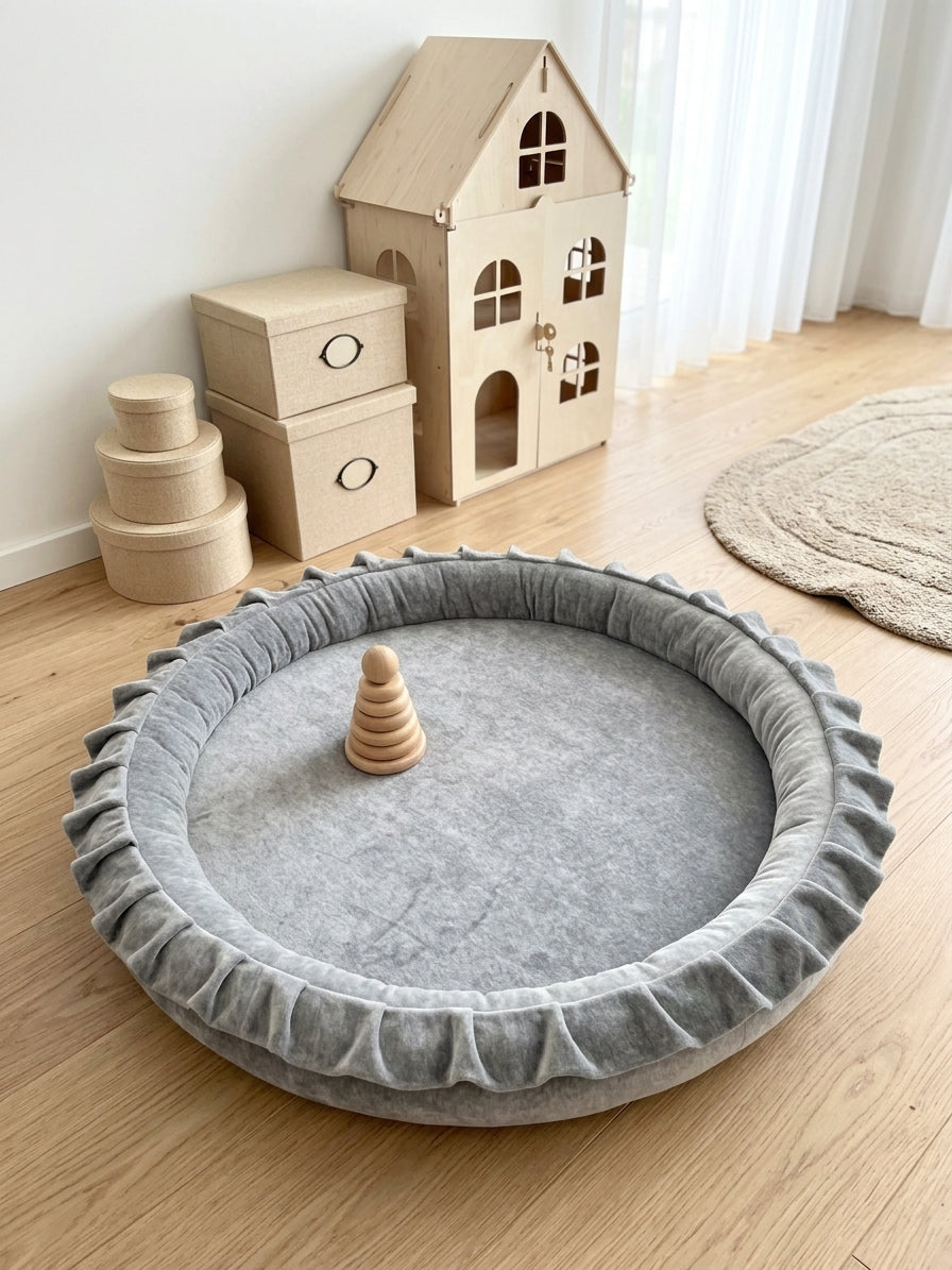 Monio for Kids Grey Velvet Padded Nest Playmat, lifestyle image