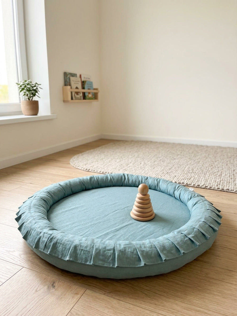 Monio for Kids Mint Linen Padded Nest Playmat, lifestyle image
