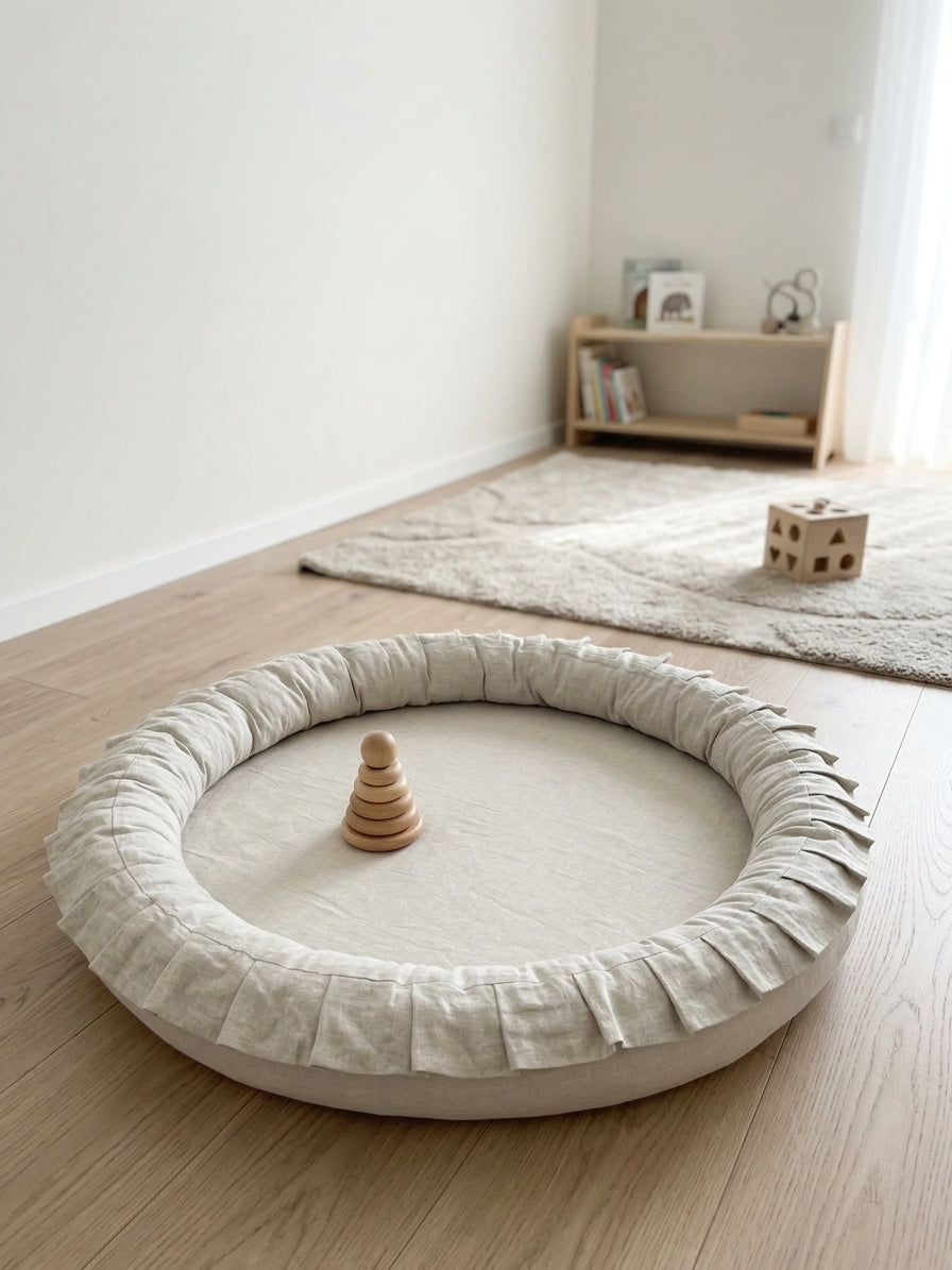 Monio for Kids Natural Linen Padded Nest Playmat, lifestyle image