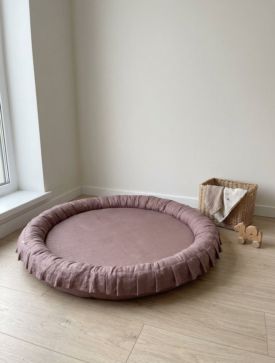 Monio for Kids Powder Pink Linen Padded Nest Playmat, lifestyle image