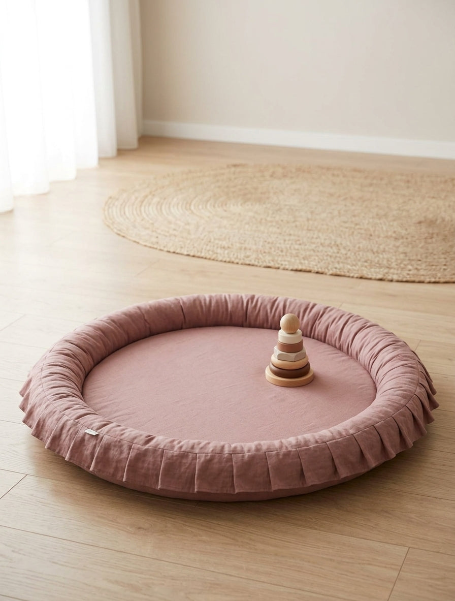 Monio for Kids Powder Pink Linen Padded Nest Playmat, lifestyle image