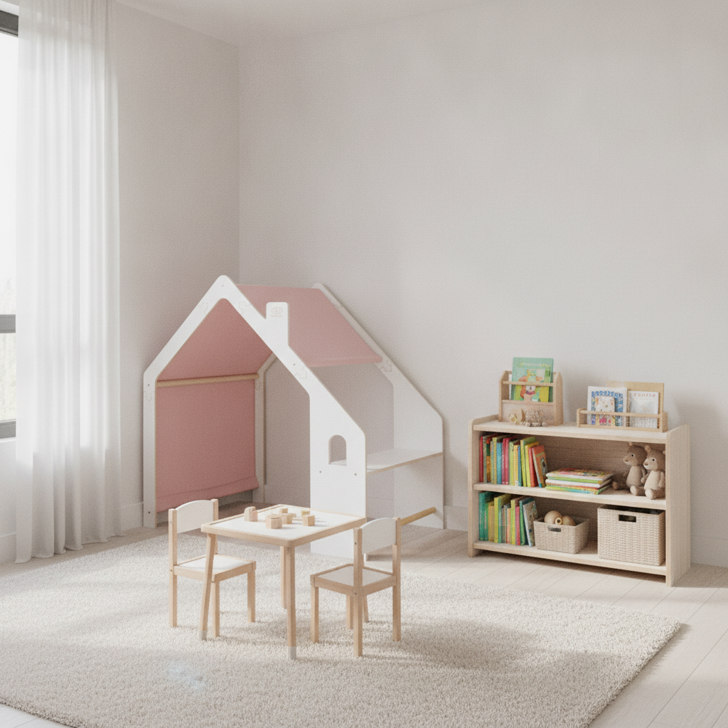 MeowBaby White Wooden Playhouse with Pink Roof set up in a modern children's bedroom
