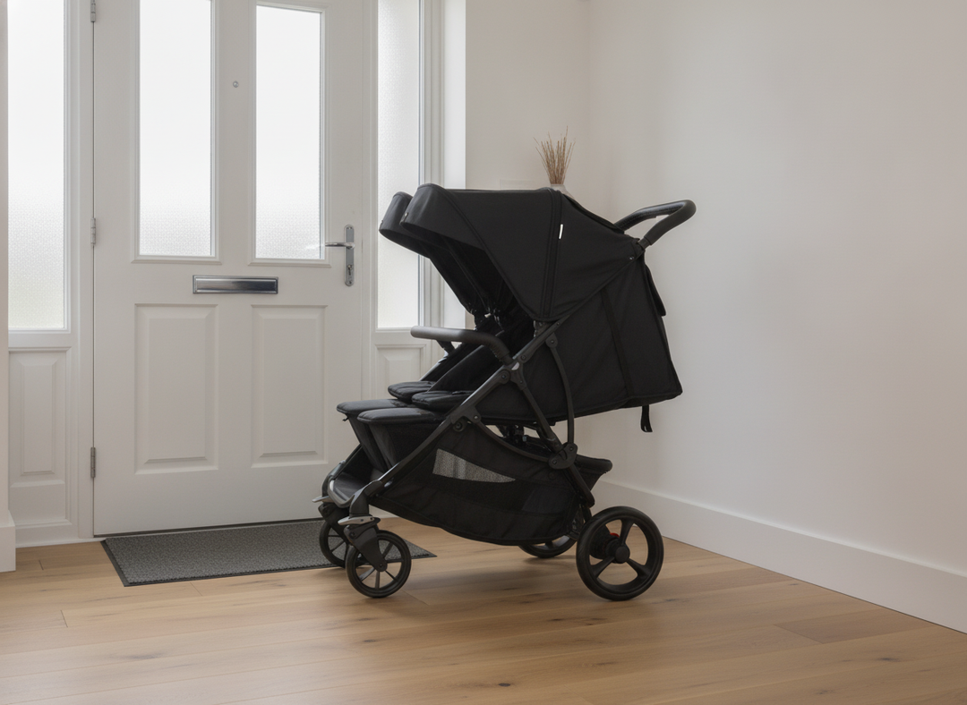 Roma Gemini 2 double pushchair in Jet Black fitting through a standard UK front doorway
