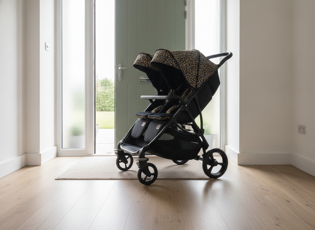Roma Gemini 2 double pushchair in Khaki Leopard print fitting through a standard UK front doorway