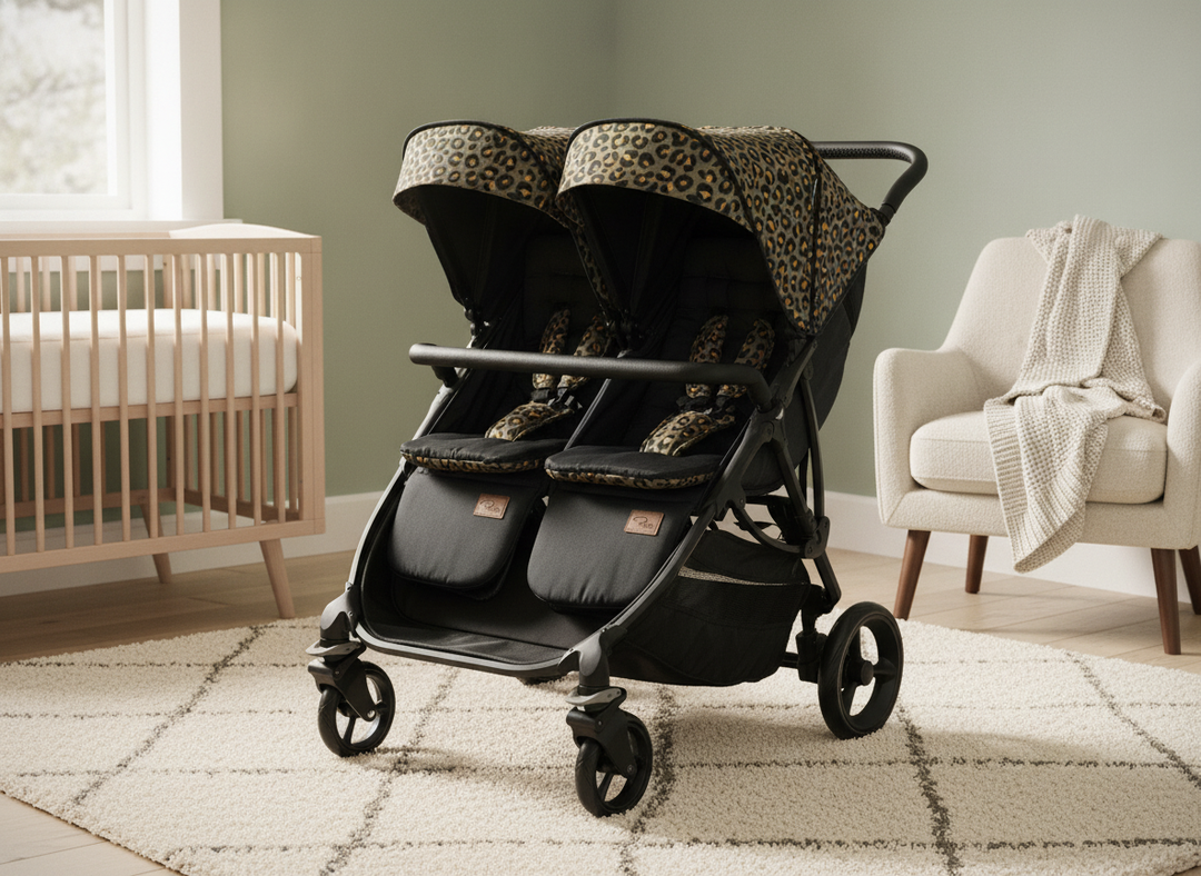 Roma Gemini 2 double pushchair in Khaki Leopard print with both seats reclined flat in a modern living room