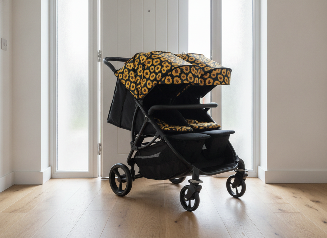 Roma Gemini 2 double pushchair in Sunflower fitting through a standard UK front doorway