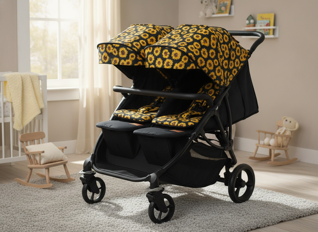 Roma Gemini 2 double pushchair in Sunflower with both seats reclined flat in a modern living room