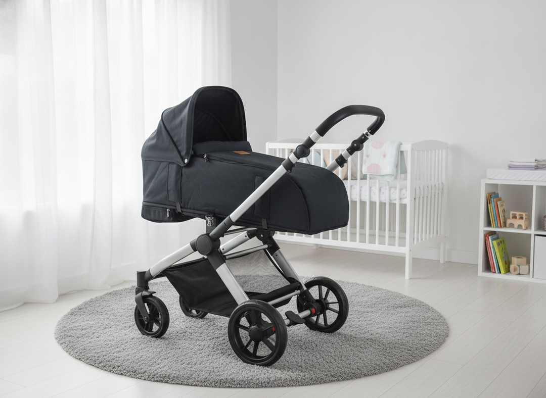 Roma Gemini 2 Carry Cot in Jet Black fitted onto a pushchair chassis in a modern nursery