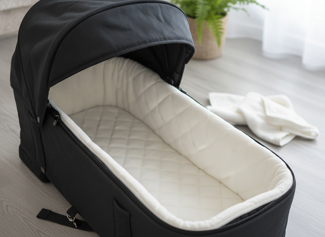 Roma Gemini 2 Carry Cot in Jet Black showing the extendable hood and cushioned interior