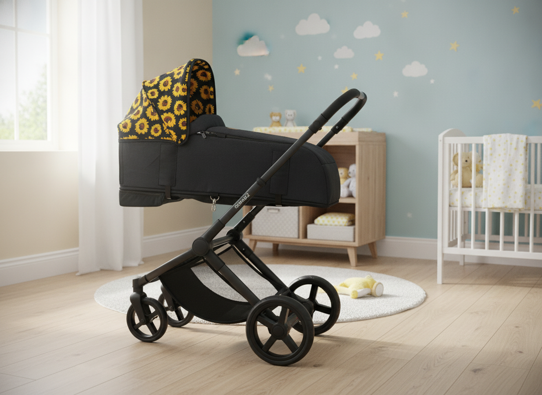 Roma Gemini 2 Carry Cot in Sunflower fitted onto a pushchair chassis in a modern nursery