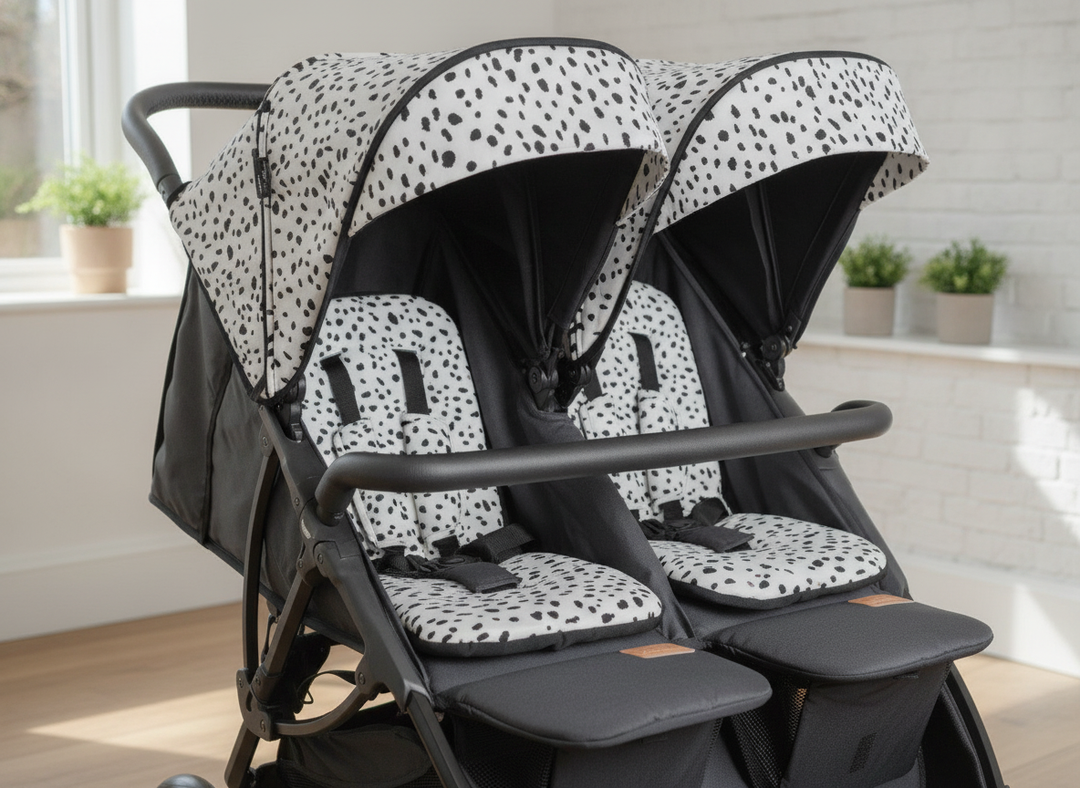 Roma Gemini 2 Colour Pack in Dalmatian print fitted onto a pushchair seat unit