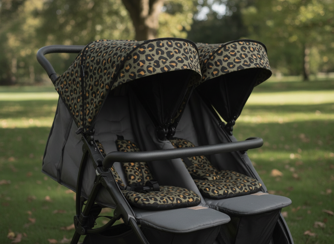 Roma Gemini 2 Colour Pack in Khaki Leopard print fitted onto a pushchair seat unit