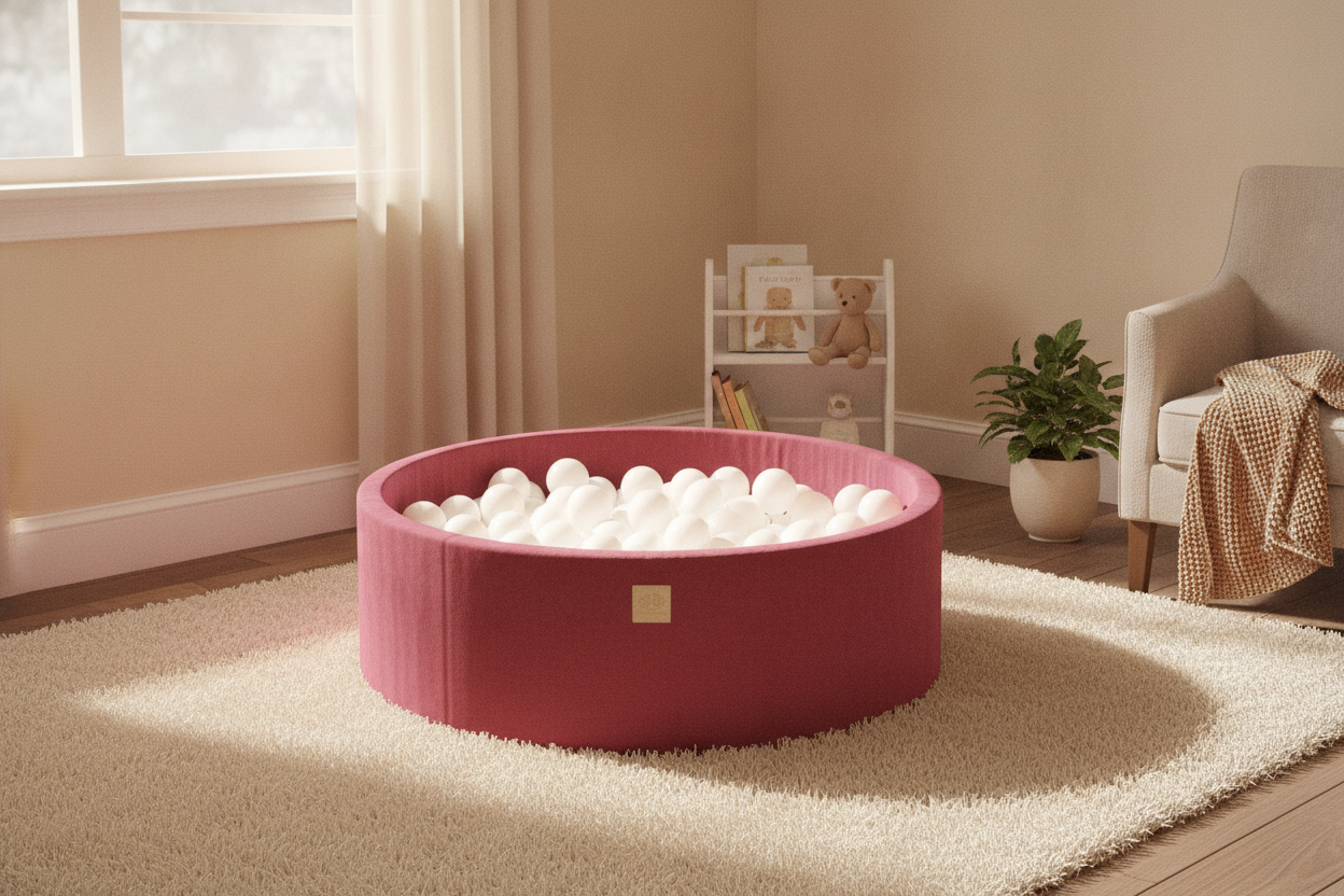 MeowBaby Raspberry Red Round Velvet Ball Pit in a cosy nursery corner