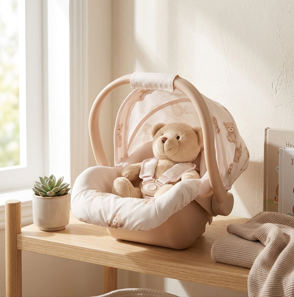 Roma Teddy Dolls Car Seat on a nursery shelf with a plush teddy bear secured inside by the 3-point harness