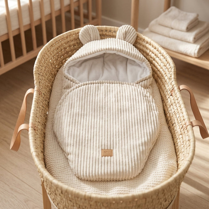MeowBaby Baby Swaddle with Bear Ears in cream corduroy laid in a moses basket, showing the bear-ear hood detail