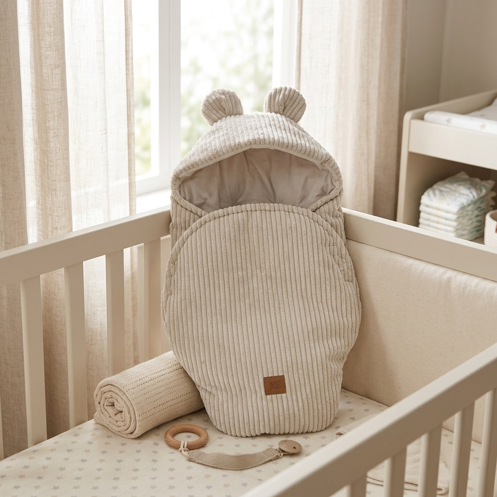 MeowBaby Baby Swaddle with Bear Ears in cream corduroy resting against a crib rail, showing everyday practical use
