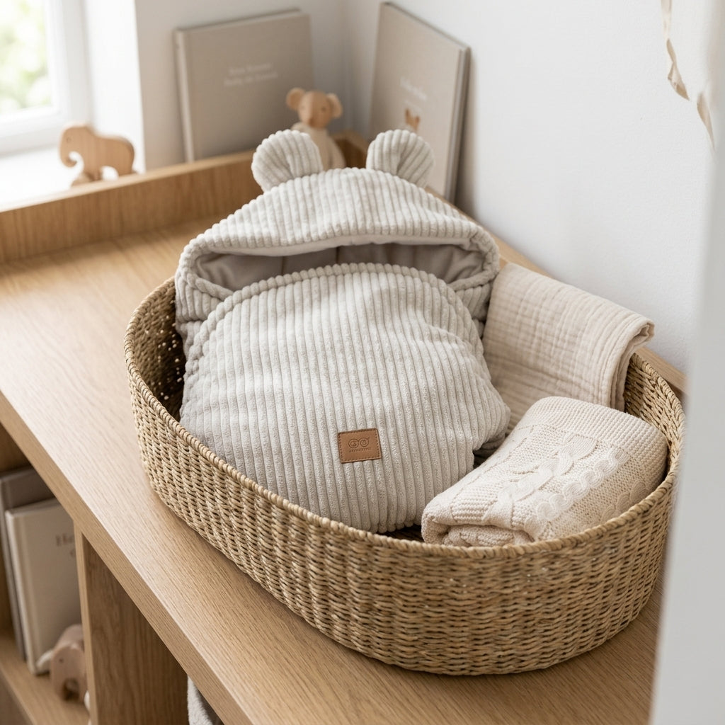 MeowBaby Baby Swaddle with Bear Ears in cream corduroy folded in a nursery storage basket with other soft baby linens