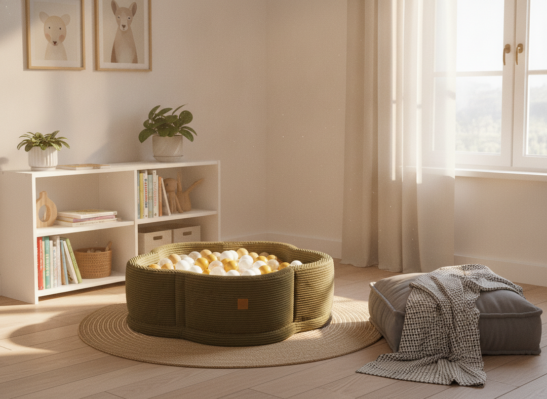 MeowBaby Khaki Aesthetic Flower ball pit in a lifestyle setting: A Fixture In The Room, Not A Toy Box Item