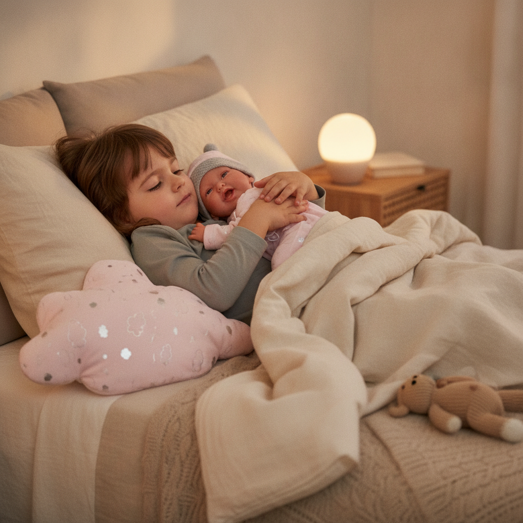 Child cuddling the Antonio Juan Carla doll at bedtime, resting near her cloud-shaped cushion