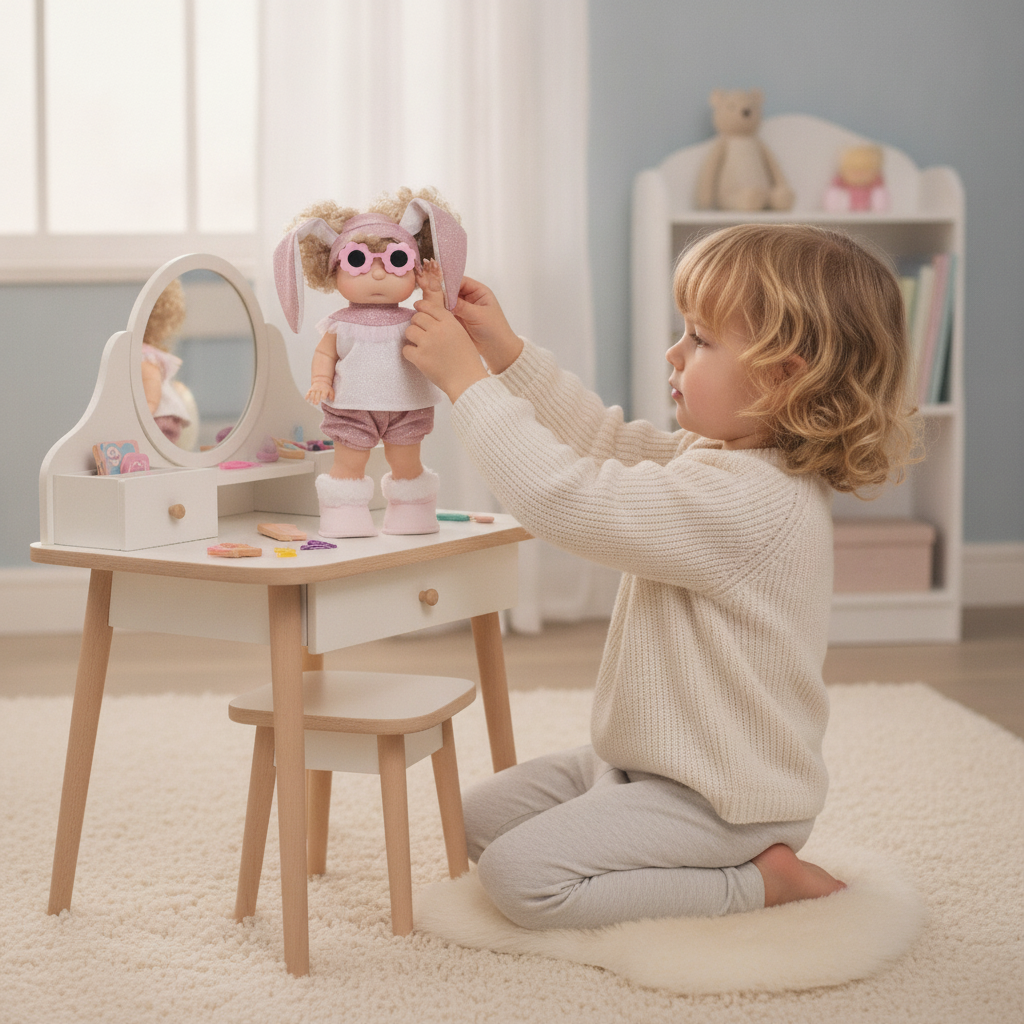Child styling the Antonio Juan Iris Glitter Bunny fashion doll at a dressing table