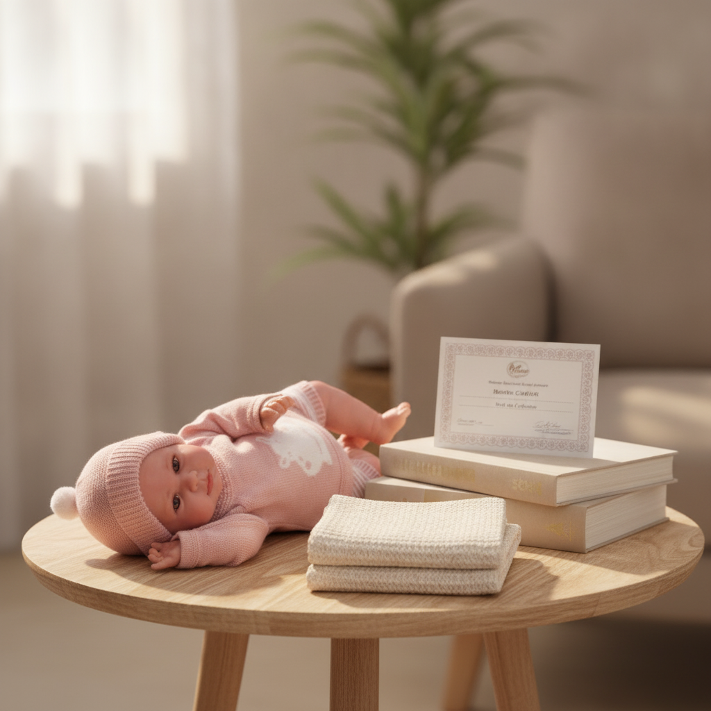 Antonio Juan Luca reborn doll displayed with his certificate of authenticity