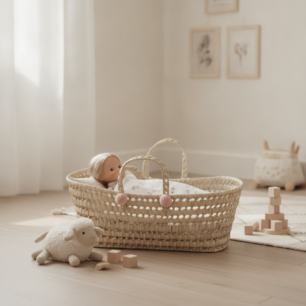 Antonio Juan Palm Moses Basket in floral print sized for 42cm dolls, with a doll tucked up inside