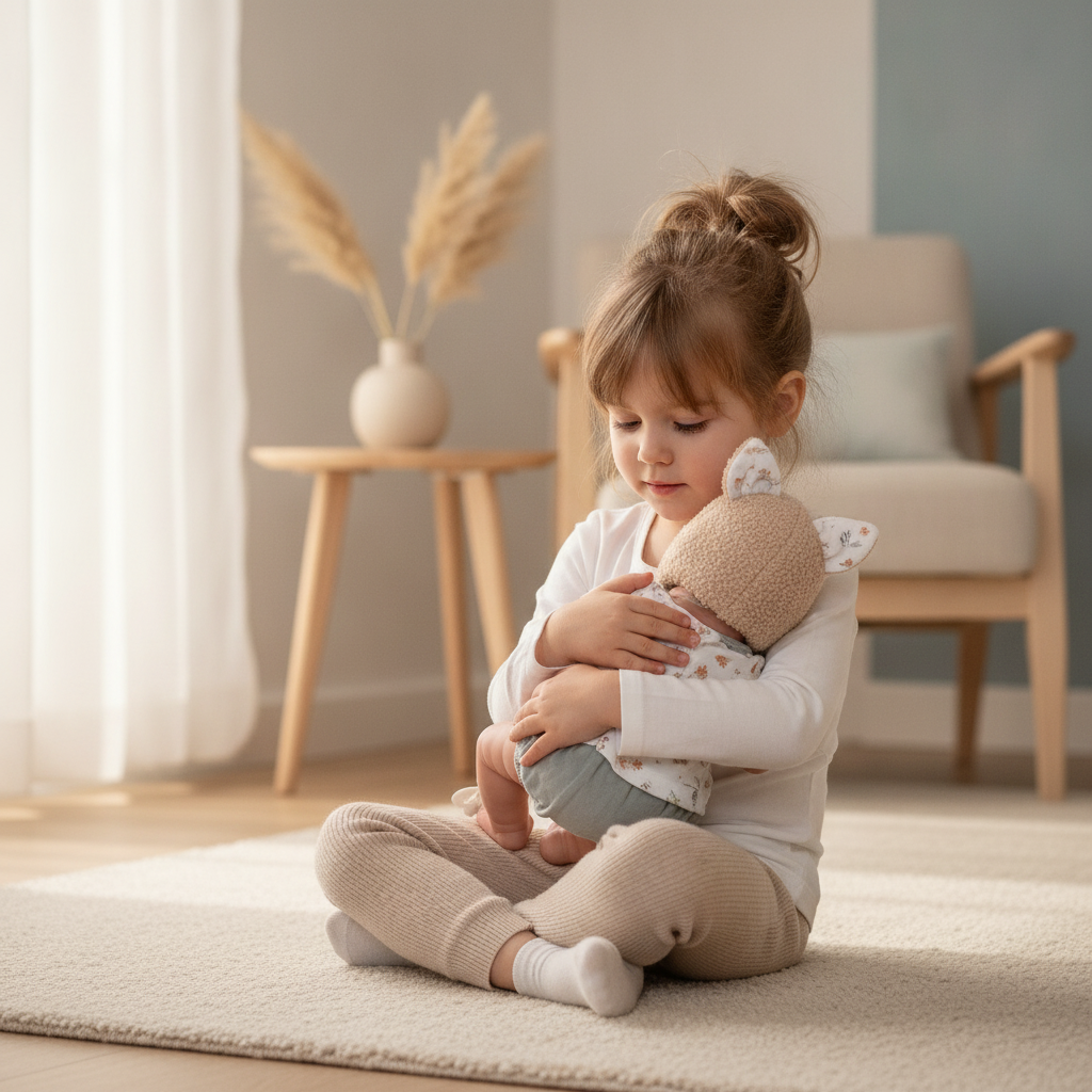 Child cradling the Antonio Juan Erik newborn doll, showing its realistic newborn weight