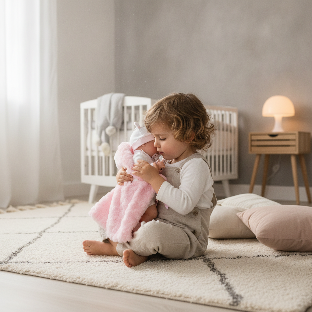 Child pressing the Antonio Juan Toneta Little Words doll's tummy to hear her babble