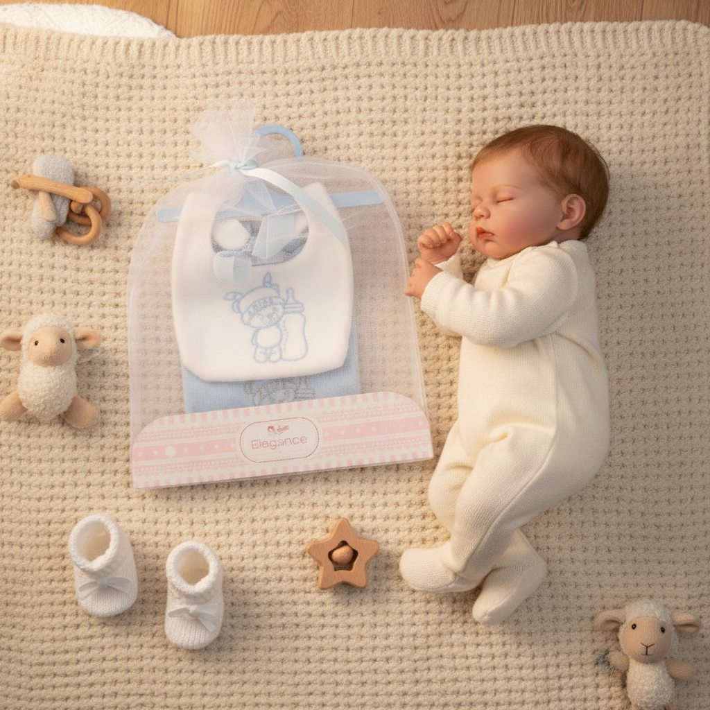 Arias blue and white bib set in its ribboned Elegance gift bag styled beside a doll