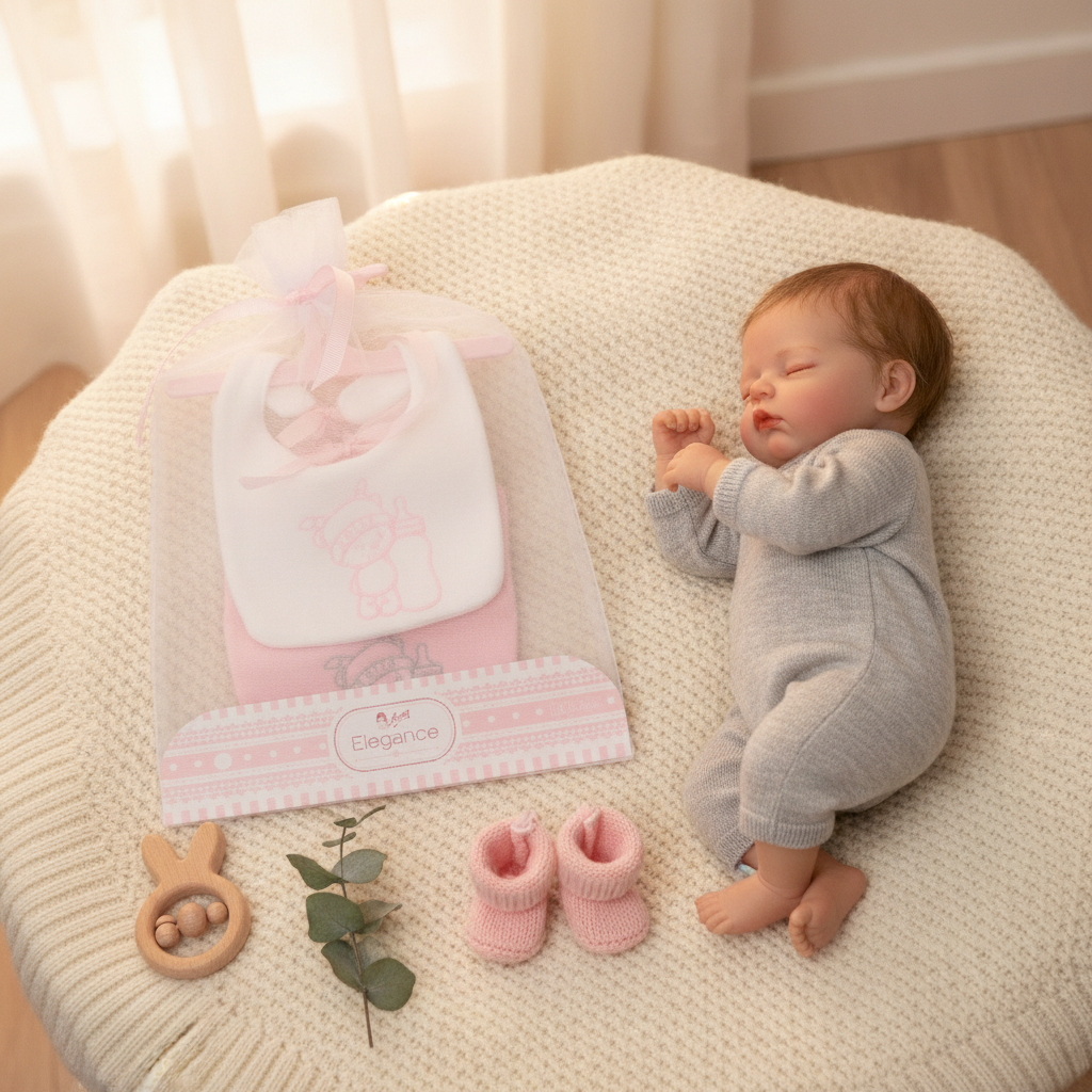 Arias pink and white bib set in its ribboned Elegance gift bag styled beside a doll