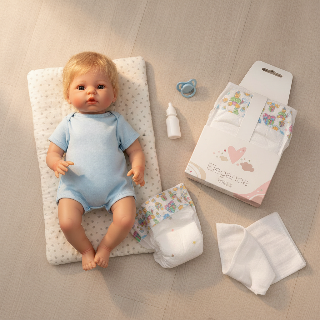 Arias set of three nappies in card-top packaging styled beside a doll and changing mat