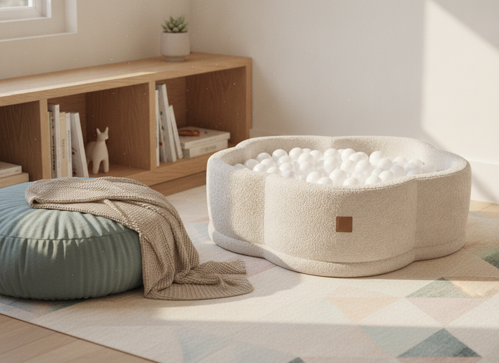 MeowBaby Champagne Ecru Boucle Flower ball pit in a lifestyle setting: A Fixture In The Room, Not A Toy Box Item