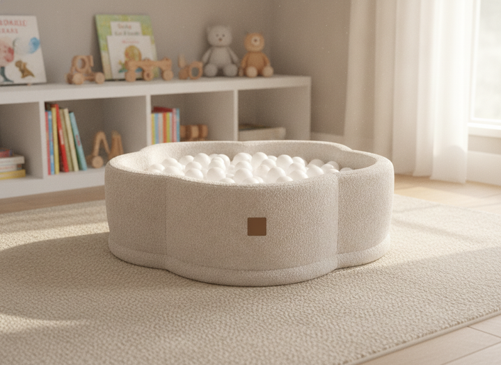 MeowBaby Champagne Ecru Boucle Flower ball pit in a lifestyle setting: Built For Where Play Actually Happens