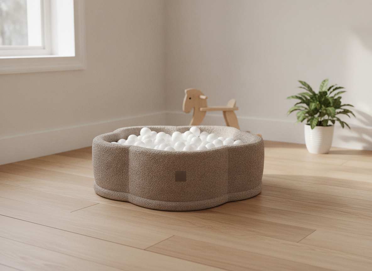 MeowBaby Tan Beige Boucle Flower ball pit in a lifestyle setting: A Petal Shape That Settles Into The Room