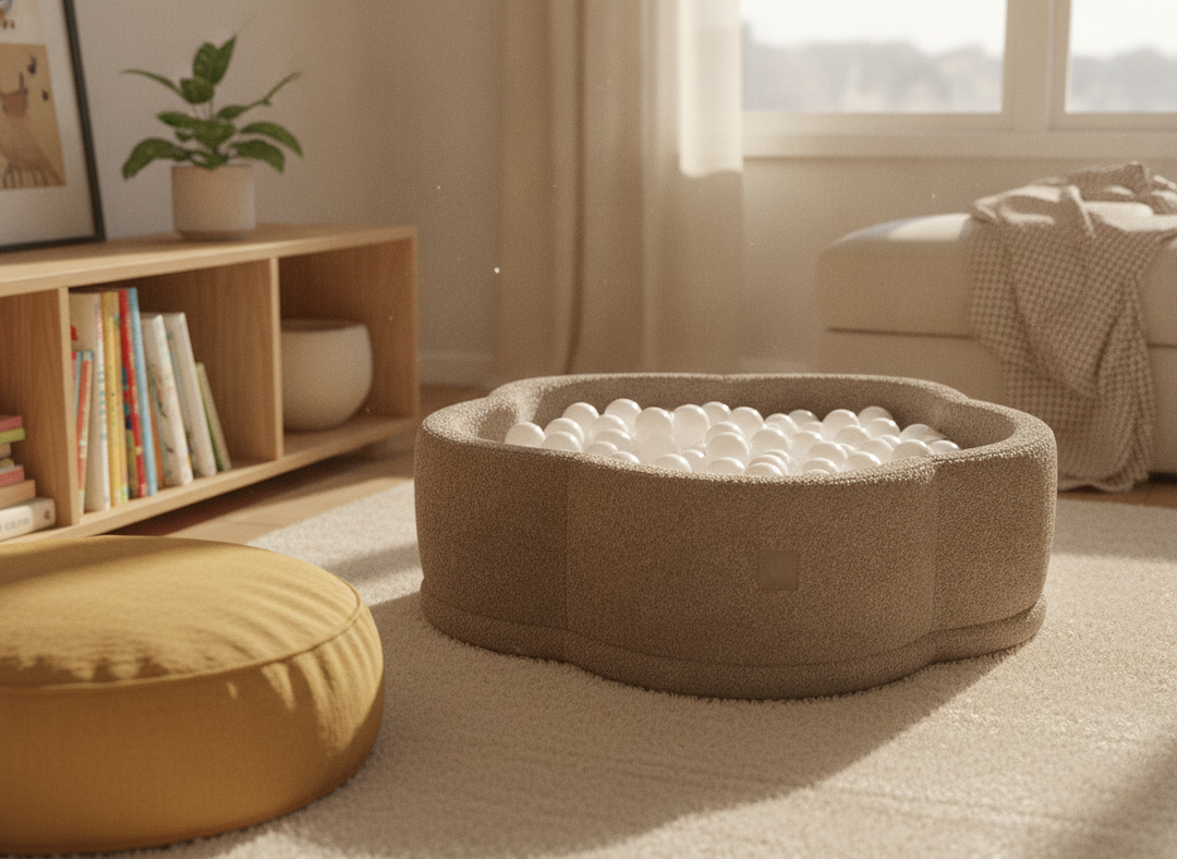 MeowBaby Tan Beige Boucle Flower ball pit in a lifestyle setting: A Fixture In The Room, Not A Toy Box Item