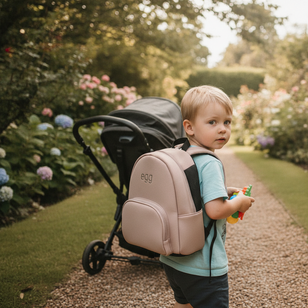 Child wearing the Egg Dolls Pram Feather Bag on its own, unclipped from the pram