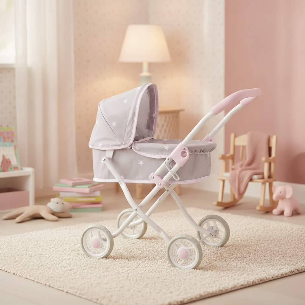 Arias Emma dolls pram styled in a soft nursery corner