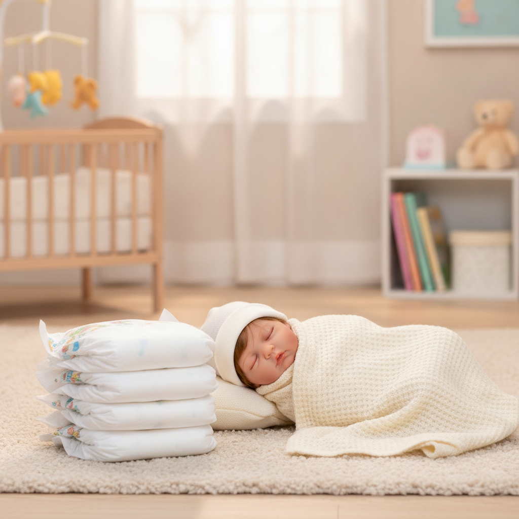 Arias set of three doll nappies styled beside a reborn baby doll