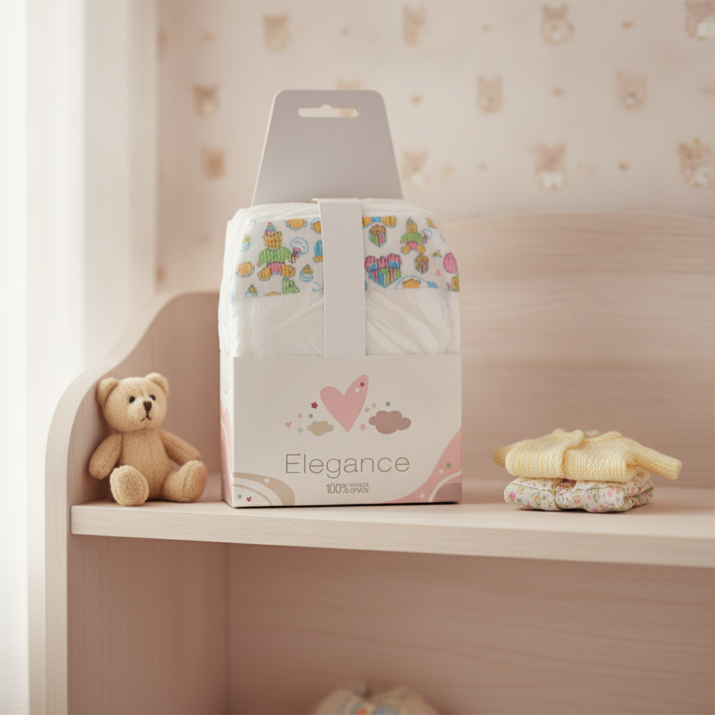 Arias set of three doll nappies in Elegance packaging on a nursery shelf