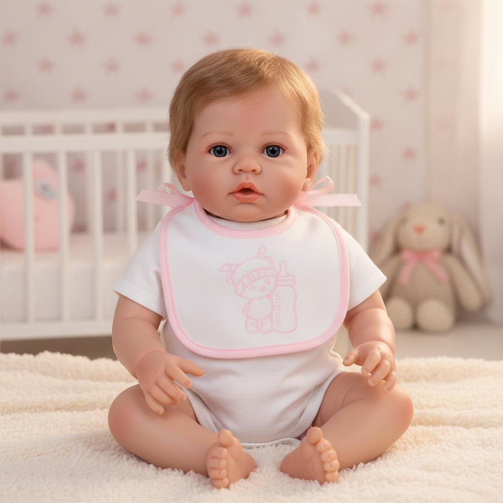 Arias pink and white doll bib shown in use on a reborn baby doll