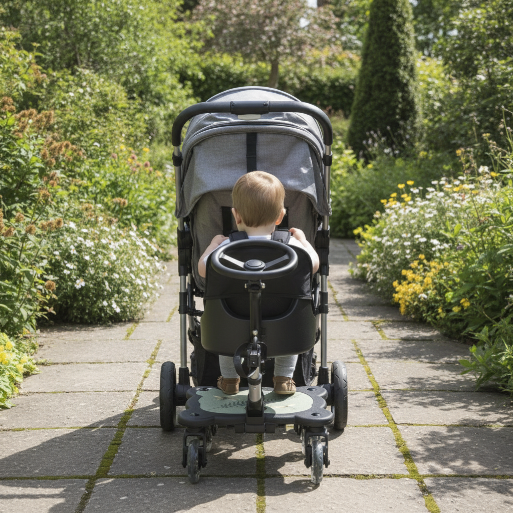Toddler riding the Roma 4 Rider RHS Fern buggy board seat behind a pushchair