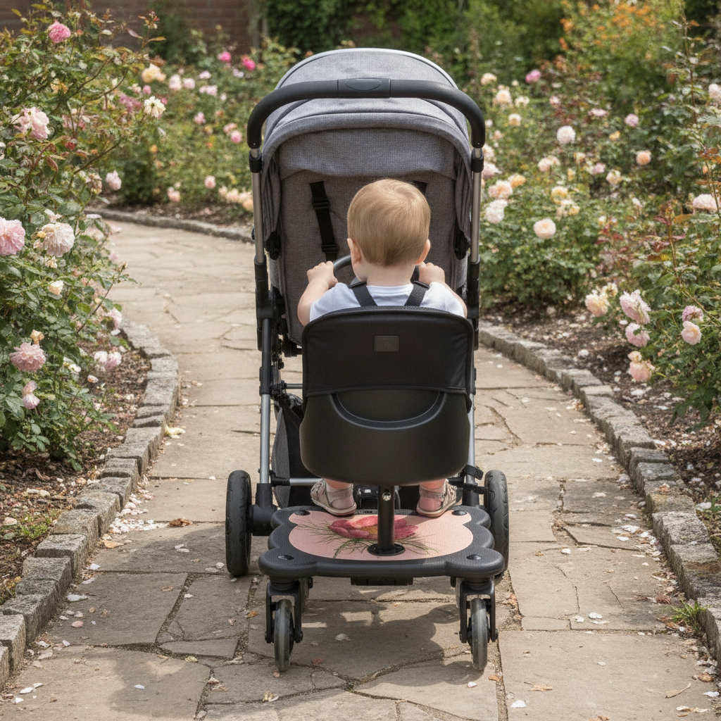 Toddler riding the Roma 4 Rider RHS Flora buggy board seat behind a pushchair