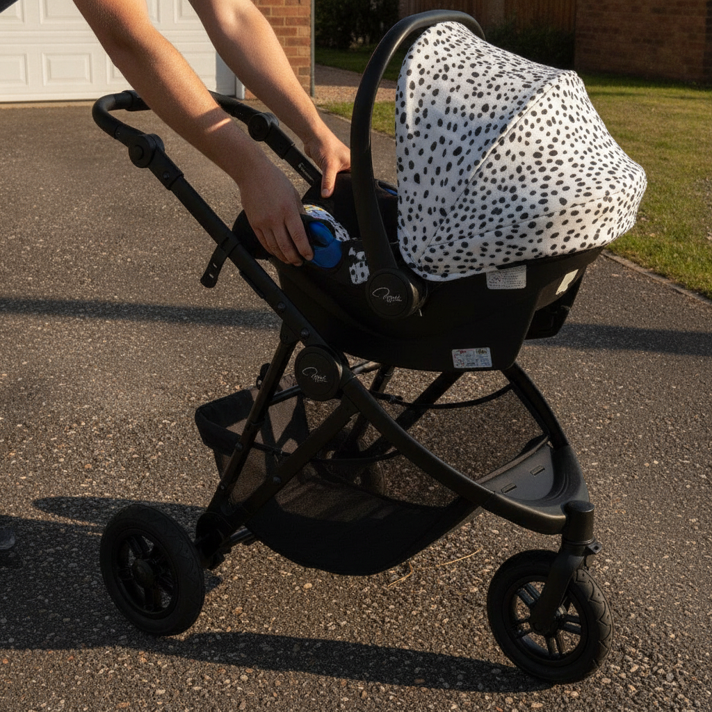 Parent clicking a newborn car seat onto the Roma Atlas pram chassis in Dalmatian print using the car seat adaptors