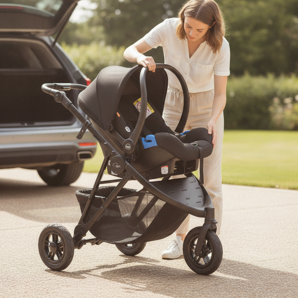 Parent fitting a newborn car seat onto the Roma Atlas Sunflower pram chassis using car seat adaptors