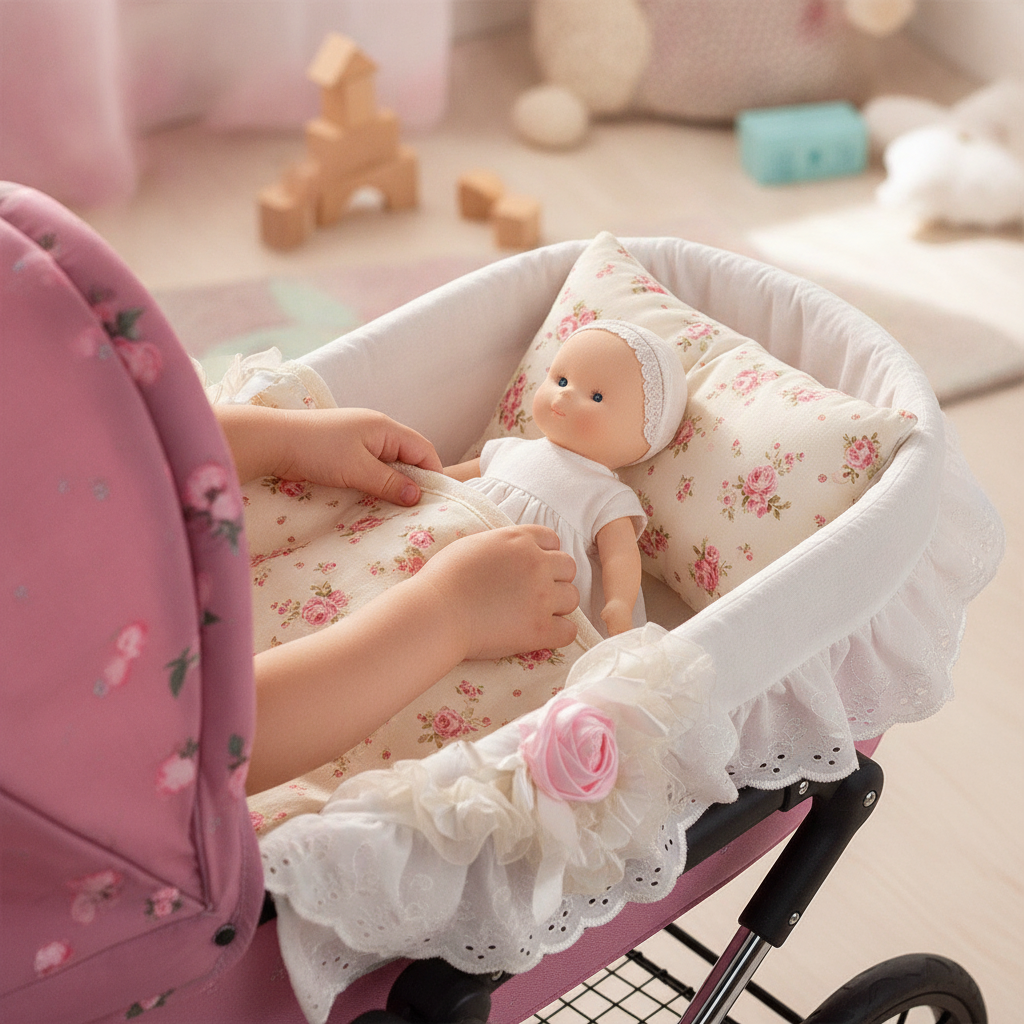 Child tucking a doll into a carrycot under the Roma cream and pink rose bedding set